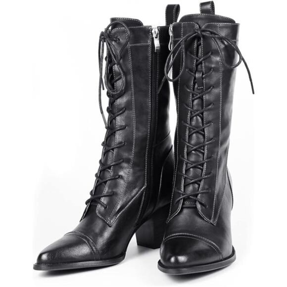 Women's Mid Calf Boots Lace up Combat Boots Leather Side Zipper Winter Boots - Picture 4 of 7